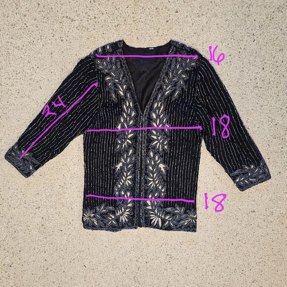 Vintage Jacket Womens Sz 18* Black Silk Sequins Beads Blazer Evening Formal - Picture 7 of 8